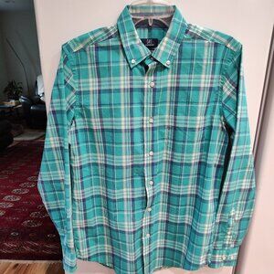 George Men Button Down Aqua/Blue Plaid Classic Fit Shirt sx S
